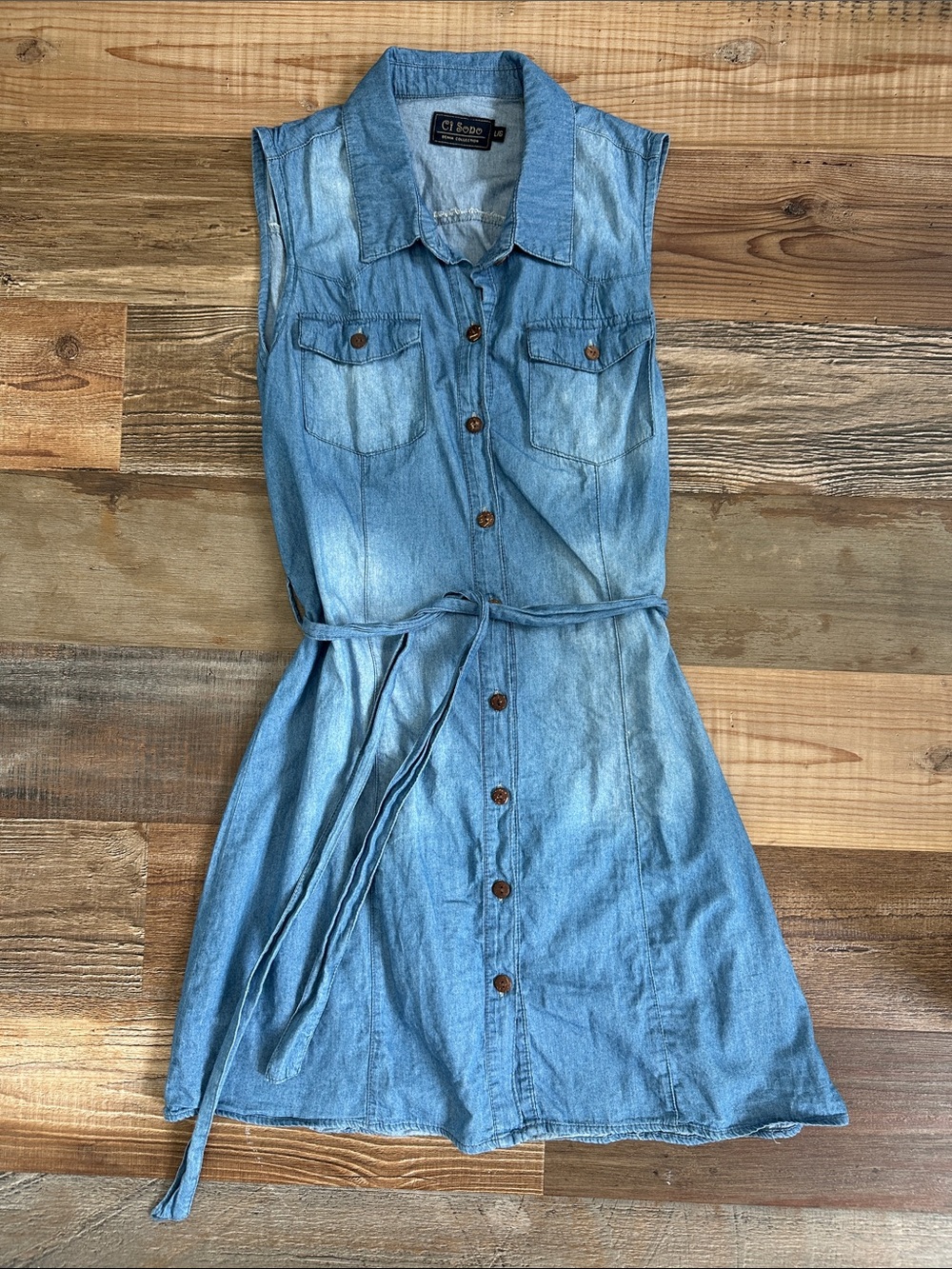 Ci Sono Light Blue Sleeveless Denim Shirt Dress with Tie Waist